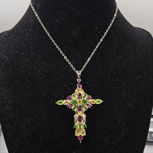 Multi-Gem Rhodium Over Sterling Silver Cross Pendant with Chain 10.01ctw
